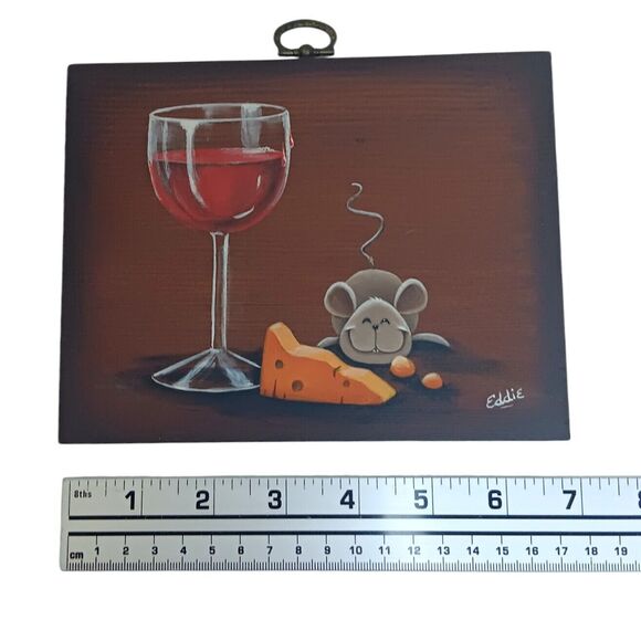 Mouse With Cheese And Wine Original Painting On Wood Signed Eddie Handpainted #1 - Picture 8 of 9